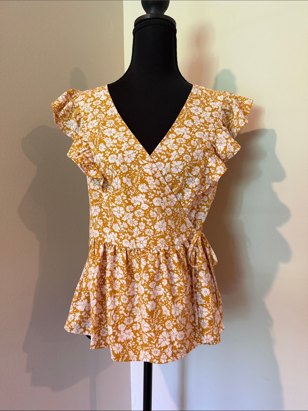 Skies Are Blue Mustard Yellow Floral Wrap Peplum Blouse